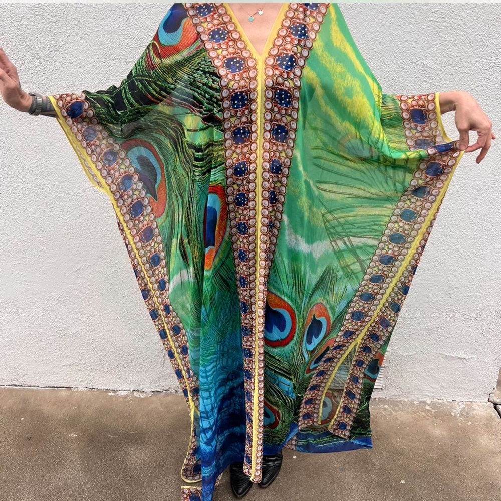 Peacock Print Kaftan Cover-Up